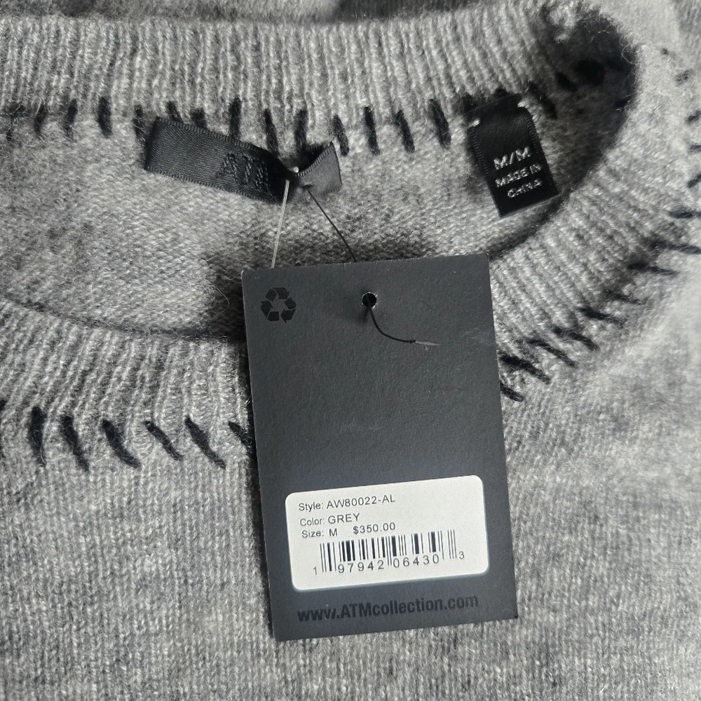 New ATM Anthony Thomas Melillo 100% Cashmere Crewneck Grey Sweater Medium NWT